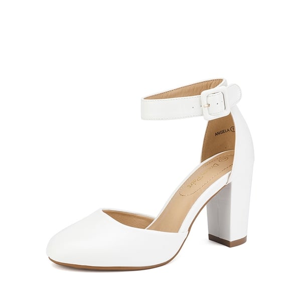Round Toe Chunky Heel Pumps - WHITE PU -  0